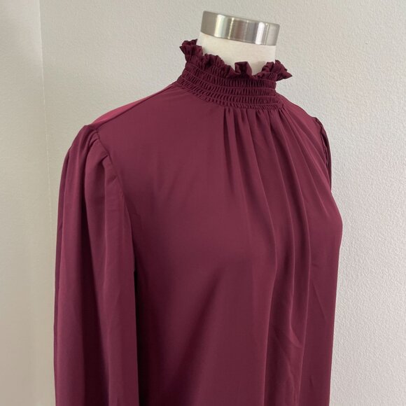 Ann Taylor Womens Small Burgundy Smocked Mock Neck Long Sleeve Blouse Shirt - Picture 2 of 10